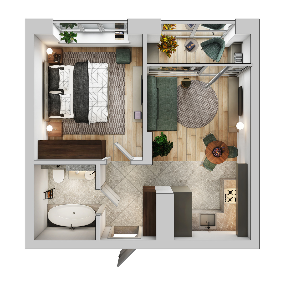 Apartment plan perspective view. View from above