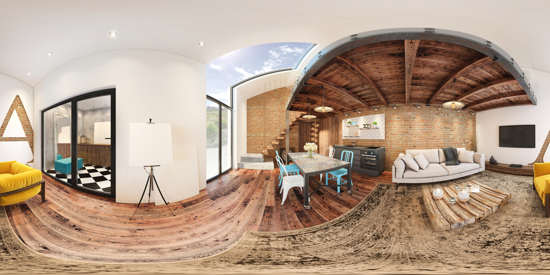 Modern studio apartment 360 equirectangular panoramic interior